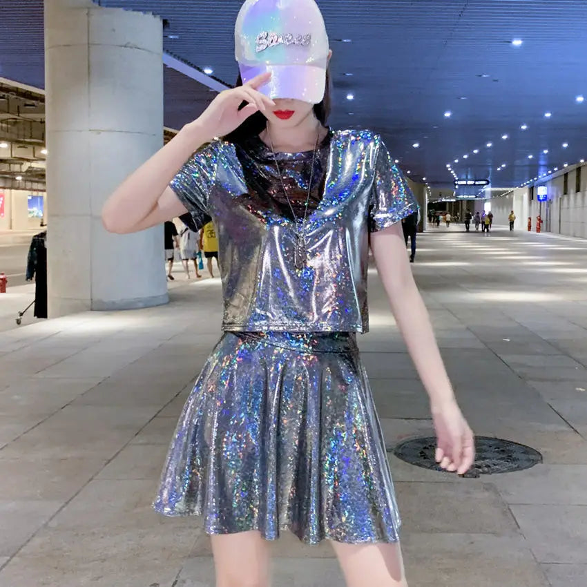 Glitter Sequin T-shirt Women's Short Sleeve Skirt Cheerleading Jazz Dance Performance Set
