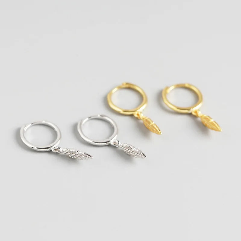 Real S925 Sterling Silver Feather Hoop Earrings Gold Plated Drop Earring for Teen Girls