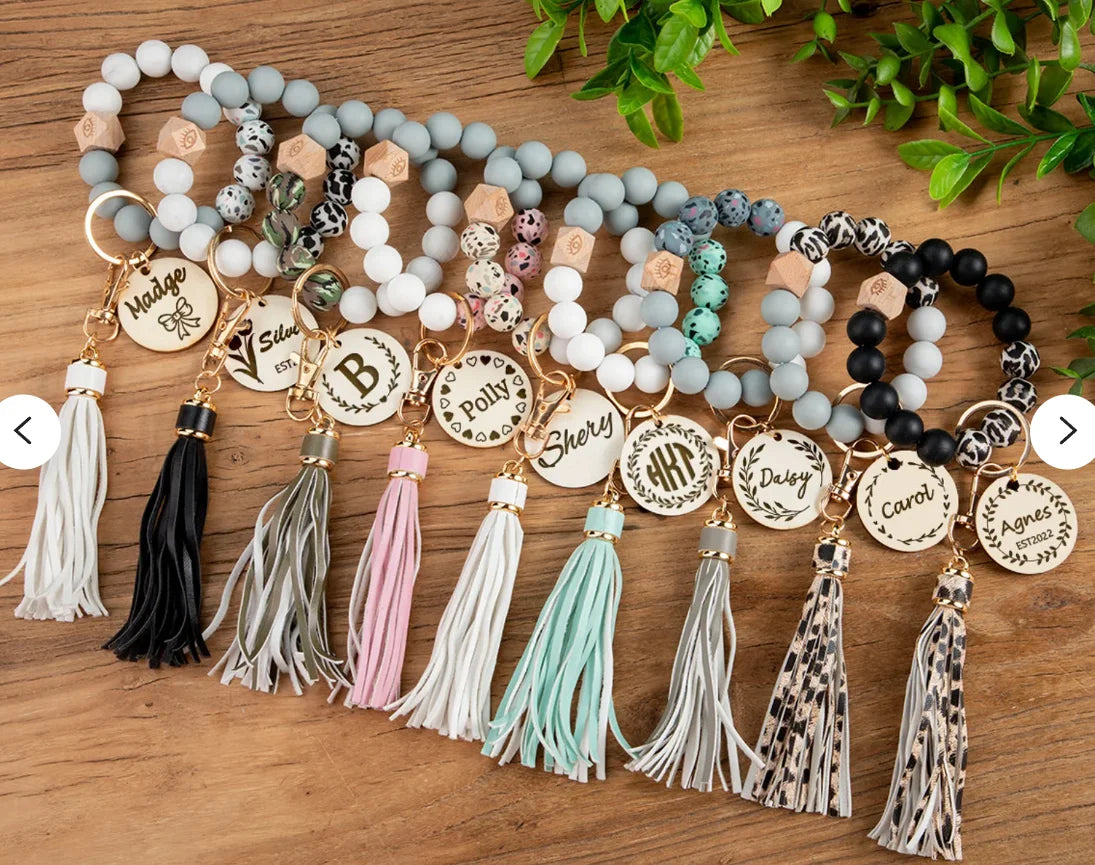 Personalized Wristlet Bangle Keychain Custom Silicone Beads Bracelet Women Wrist Bands Keychain