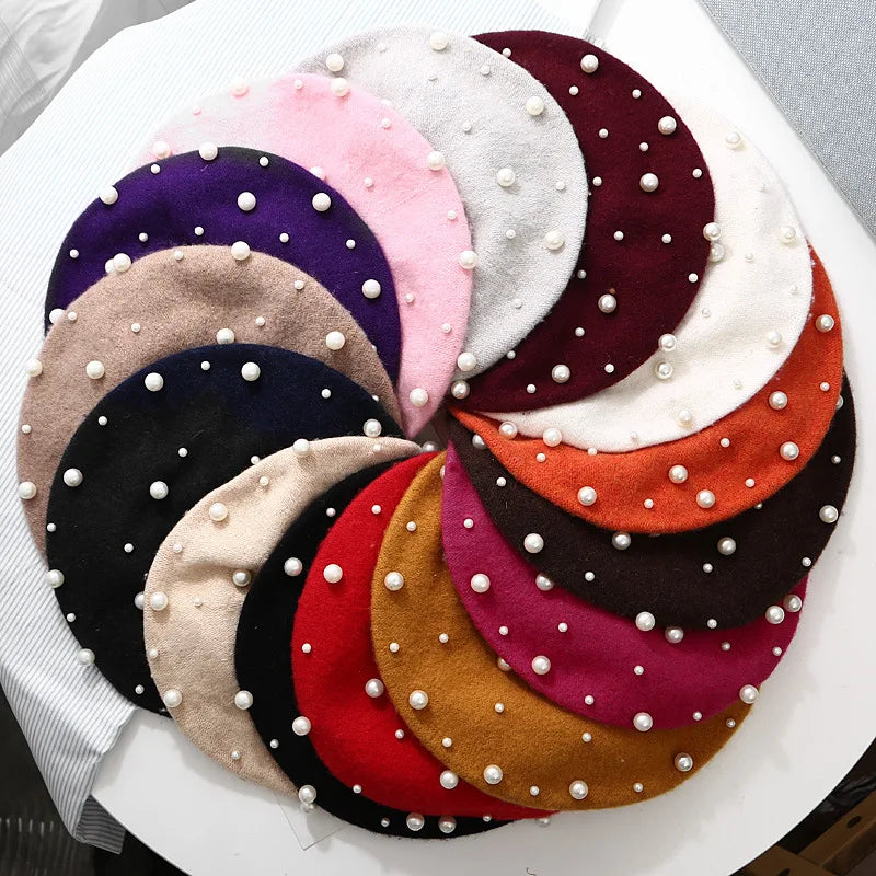 Wholesale Spring and Autumn Women Adult Vintage Artist Painter Cashmere Fur Beanie Beret Wool Berets Girls Hat With Pearl