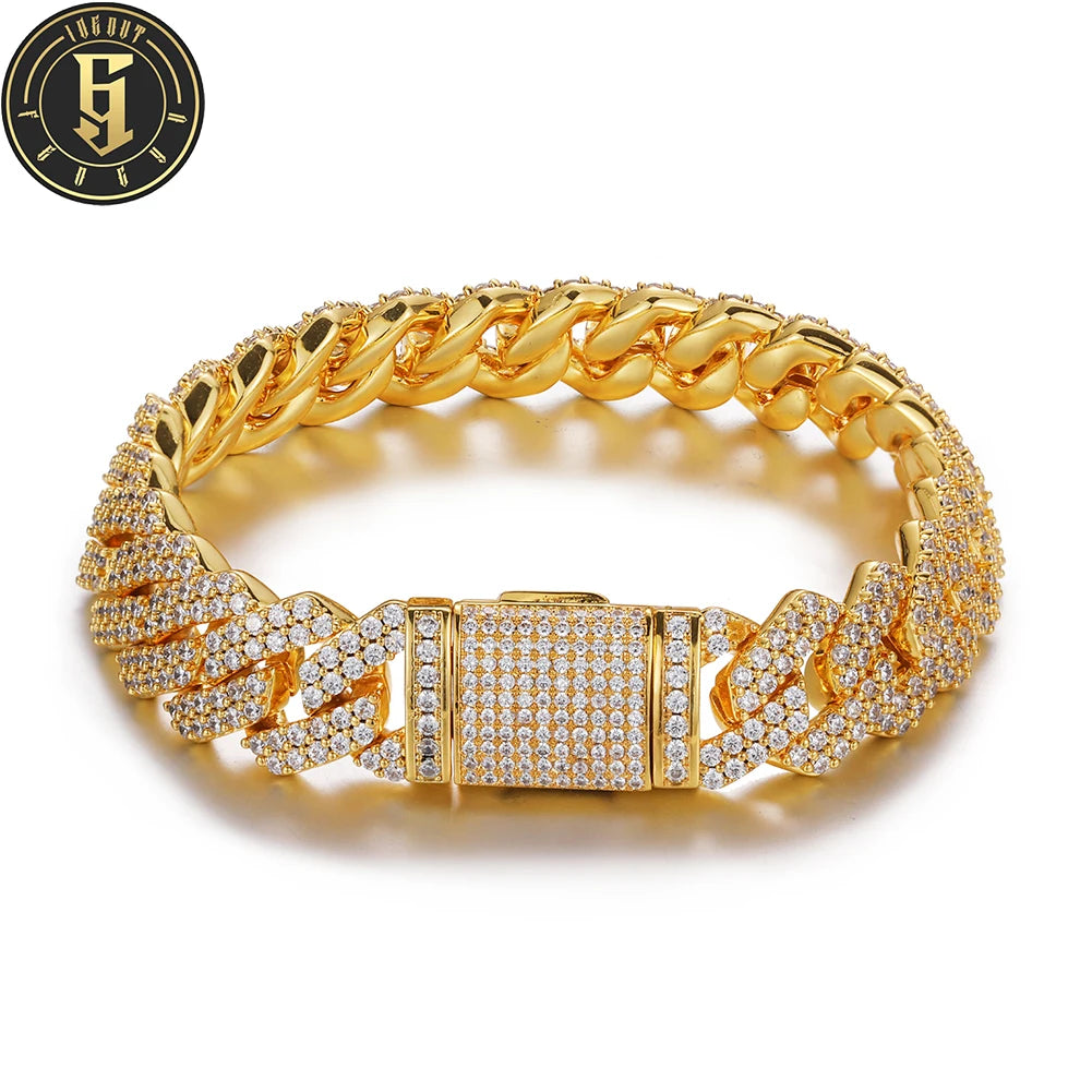 Hip Hop Party Jewelry Wholesale 15mm Gold Plated Brass Micro Paved 2 Rows AAAAA CZ Cuban Link Bracelet for Men