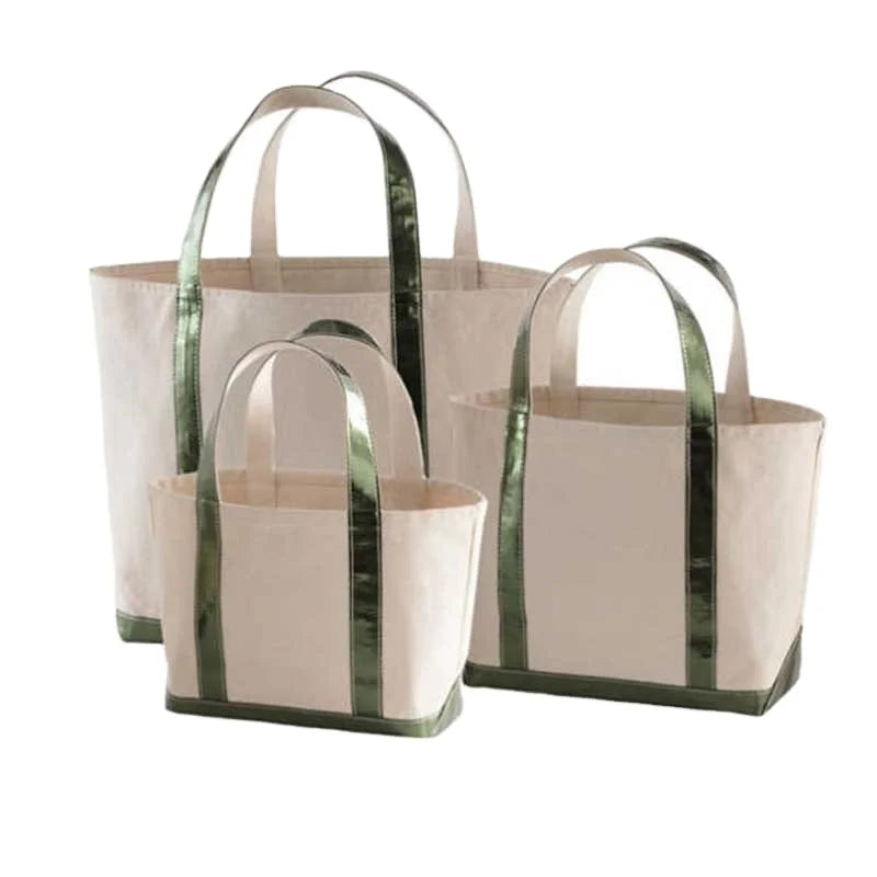 Women Cotton Canvas Tote Bag Eco Friendly  Plain Blank Canvas Bags Canvas Bucket Bag with Shiny Leather Handles