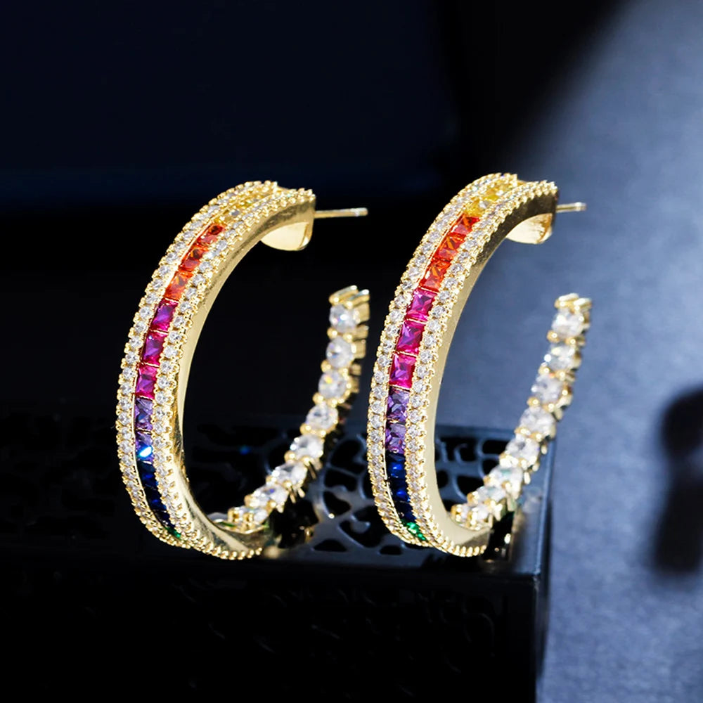 European United States Fashion Rainbow Cubic Zircon Stone Light Gold Plated Round Hoop Earrings for Women Party Gift Accessories