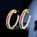 European United States Fashion Rainbow Cubic Zircon Stone Light Gold Plated Round Hoop Earrings for Women Party Gift Accessories