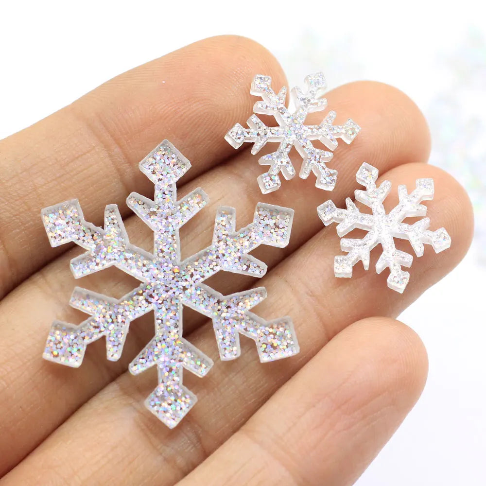 15mm 31mm Christmas Glitter Flat Back Cabochon Resin Snowflake Charms for Christmas DIY Craft Decoration