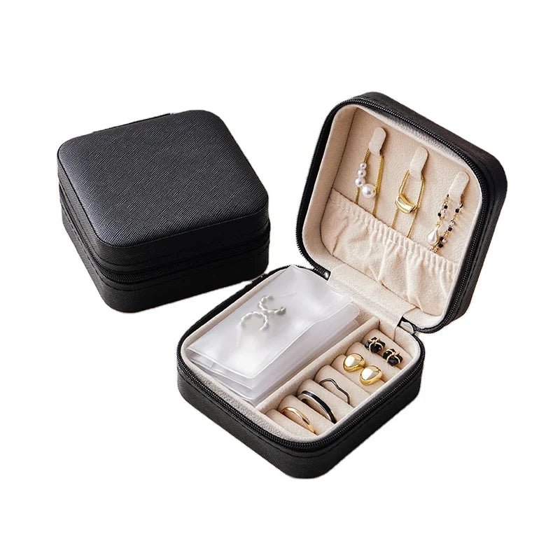 New Style Mini Travel PU Leather Zipper Closure Earring Necklaces Jewelry Storage Box Organizer Custom Logo with 6 Inner Bags