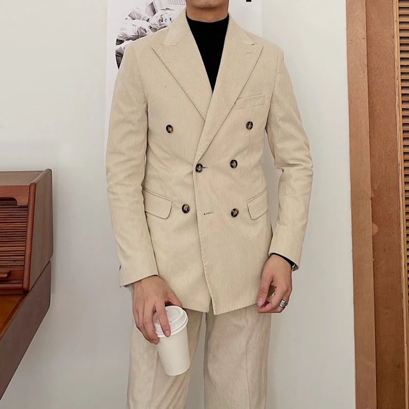 Fashion Warm Retro Corduroy Suit for Men V-neck Double Breasted Business Slim Fitting Suit Two Piece