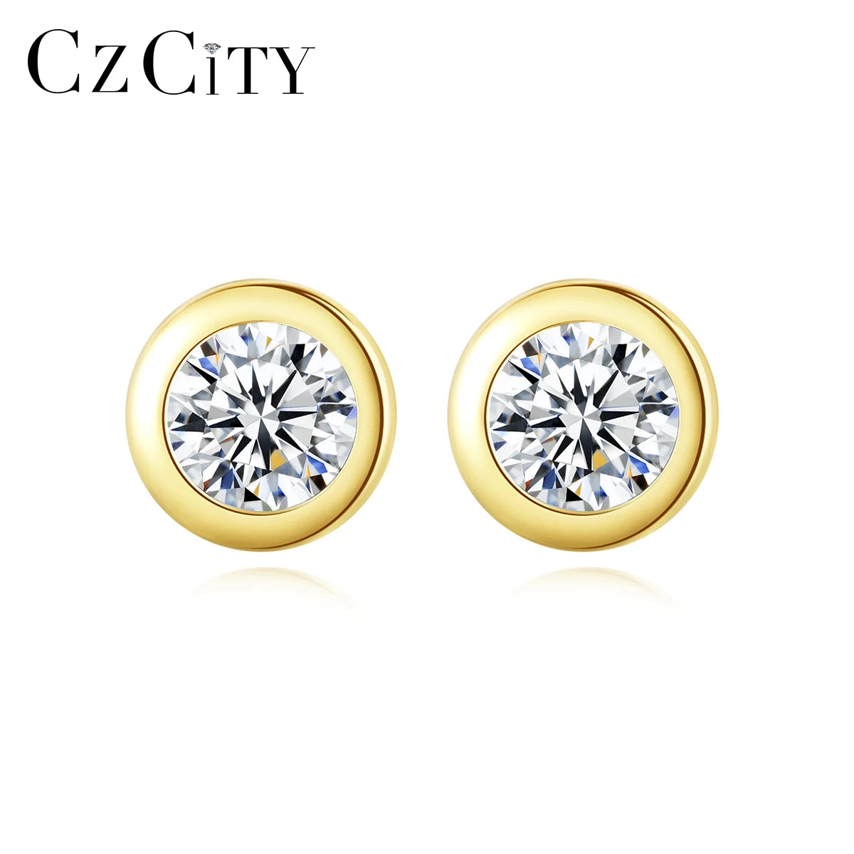 925 Sterling Silver Clear Zircon Round Simple Stud Earrings for Women 14K Gold Plating Earrings Fashion Jewelry Bezel Set