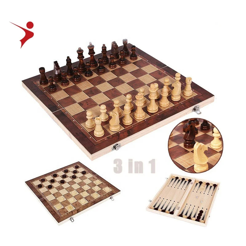 Wooden Chess Set with Folding Chess Board 9" 11" 13" 15" 17" Wooden Backgammon Checkers Indoor Fold 3 in 1