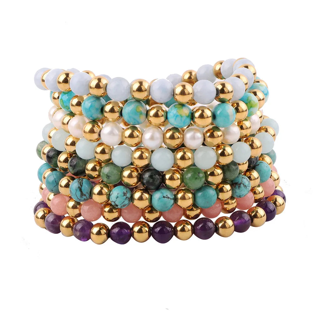 High Quality 6mm Natural Stone Freshwater Pearl Stainless Steel Beaded Elastic Gemstone Bracelet Women JBS12317
