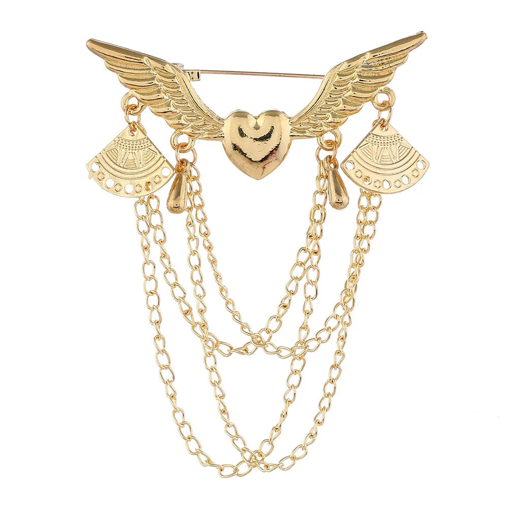 Cheap Lapel Brooch Chain Metal Silver Gold Plated Crown Heart Wing Brooch Tassel Pin Brooch Chain Pins for Men Women