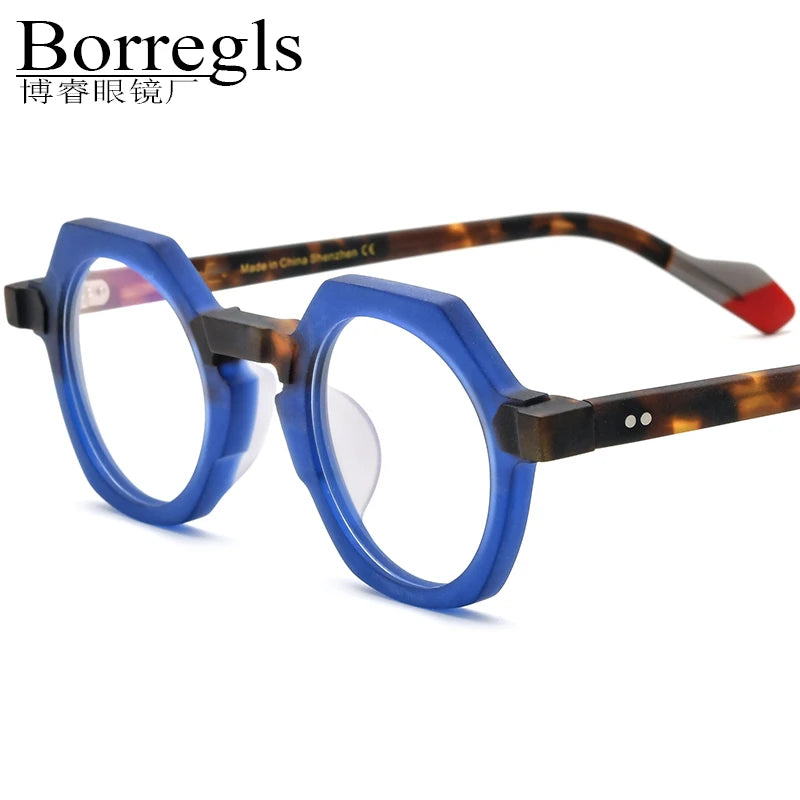 Borregls Matte Acetate Glasses Frame Men High=Quality Vintage Polygon Eyeglasses Women Optical Spectacle Colored Eyewear 19229