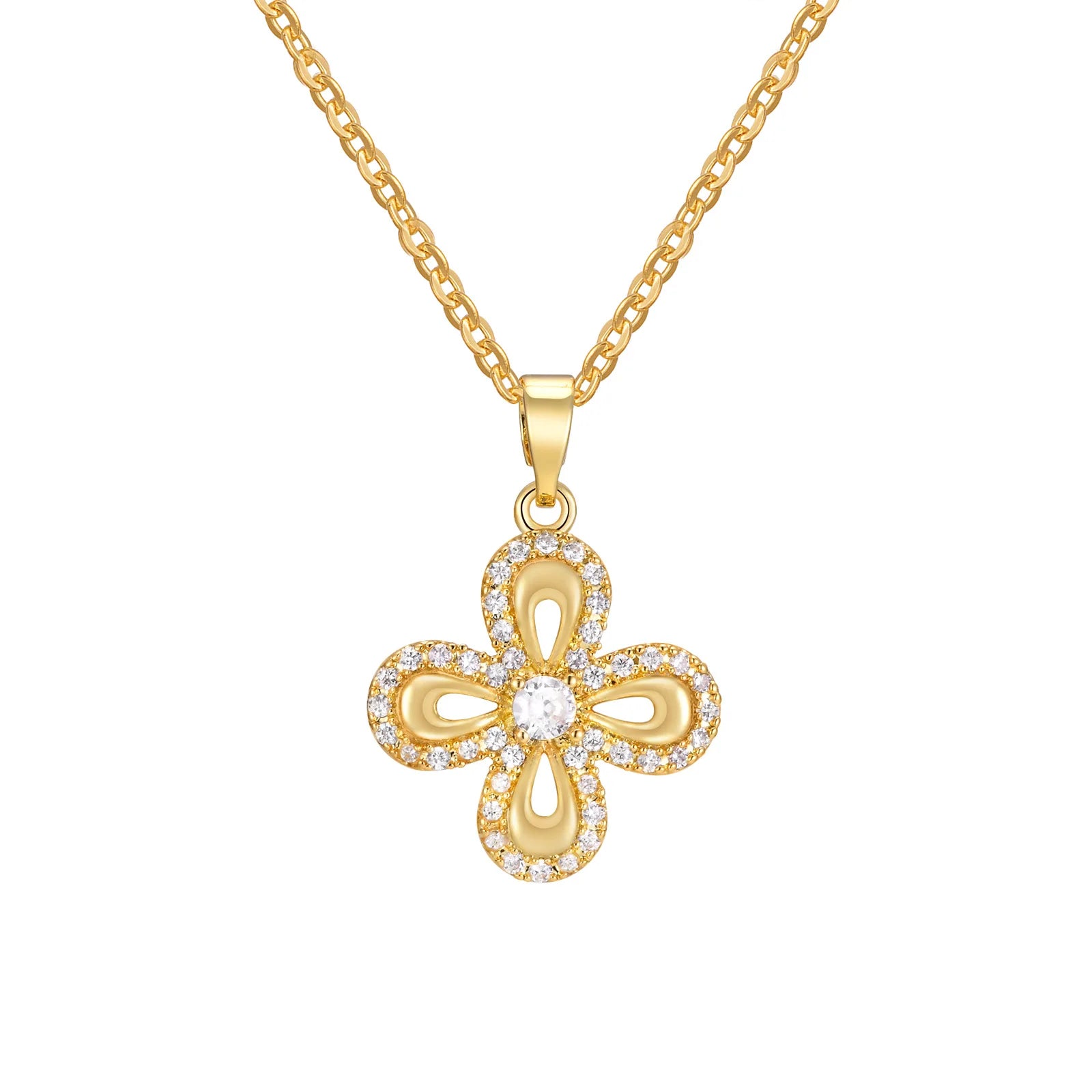 18K Gold Plated Stainless Steel Classic Dainty Bling Flower Zircon Pendant Collar Women's Bead Chain Birthday Gift Customized
