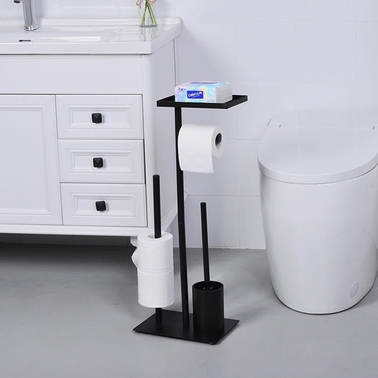 HANGSHAU Multifunctional Bathroom Standing Iron Tissue Holder Black Toilet Paper Holder With Toilet Brush