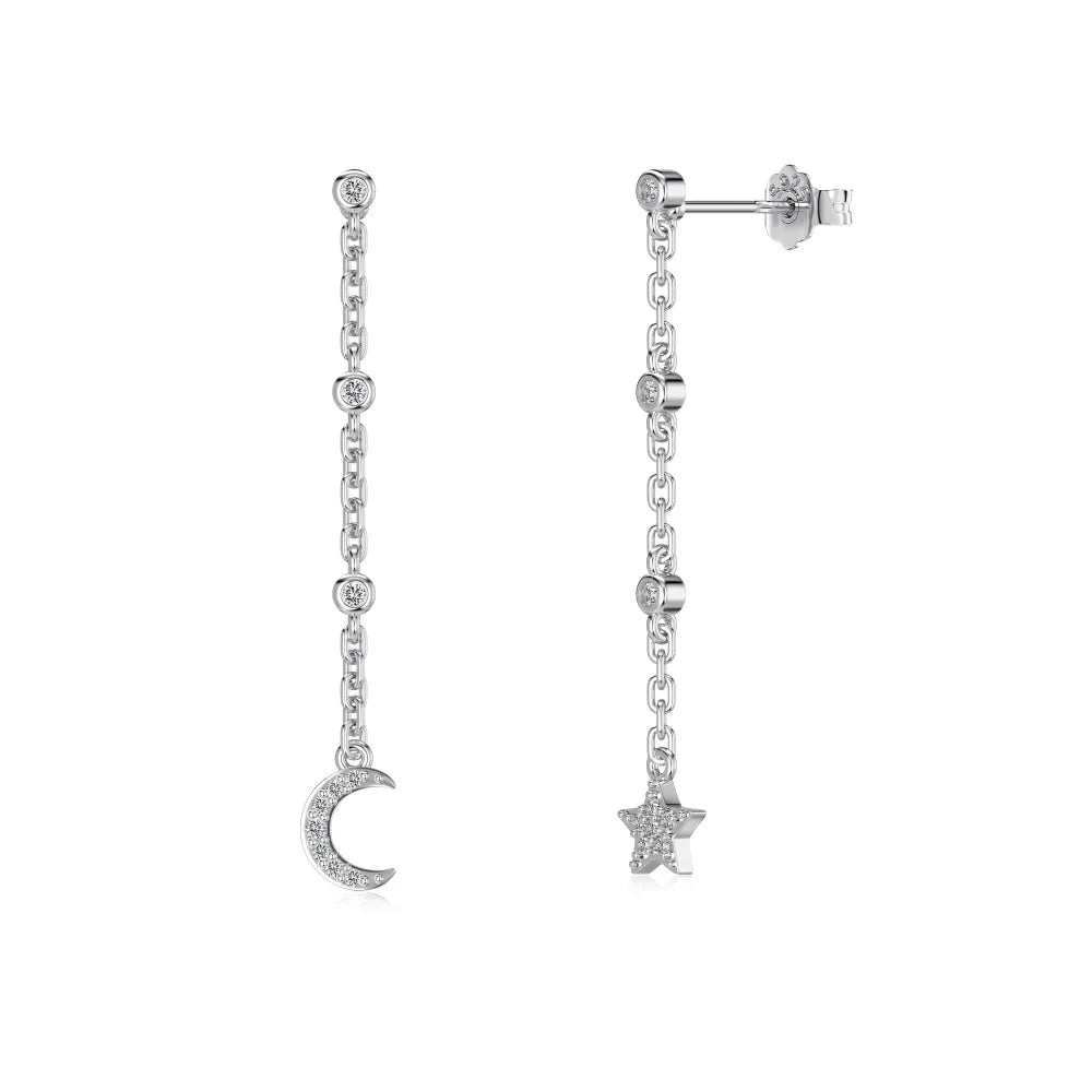 Dylam Trendy Minimalist Design Tarnish Free S925 Silver 5A Zirconia Crescent Star Tassel Dangle Stud Earrings for Women Dress up