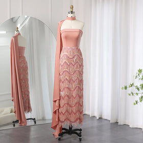 Jancember SZ460 Elegant Dubai Coral Pink Tassel Women's Evening Party Gowns Dresses With Scarf
