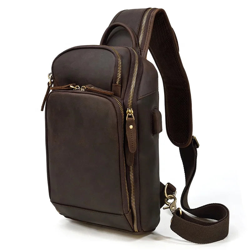 Custom Men's Real Leather Chest Bag USB Charging Port Sling Bag Crazy Horse Leather Crossbody Shoulder Bag