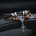 Creative Couple Bracelet with Cross Pendant Retro Stretchable Leather Braided Bracelet Beaded Charm Multilayer Punk Bangle