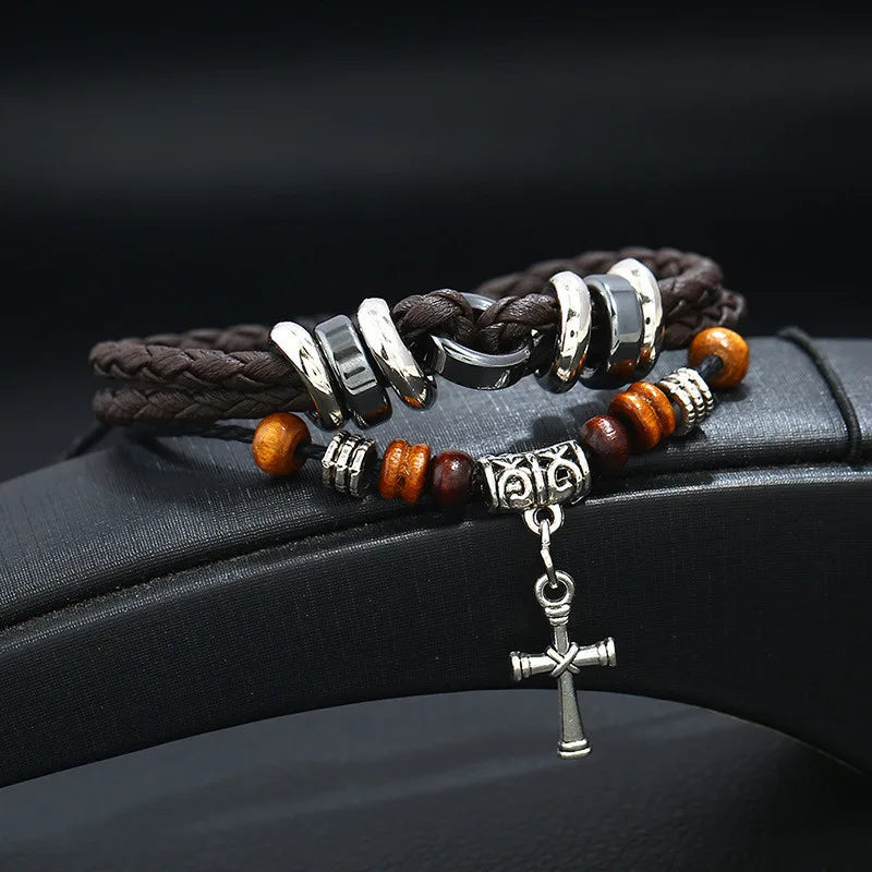 Creative Couple Bracelet with Cross Pendant Retro Stretchable Leather Braided Bracelet Beaded Charm Multilayer Punk Bangle
