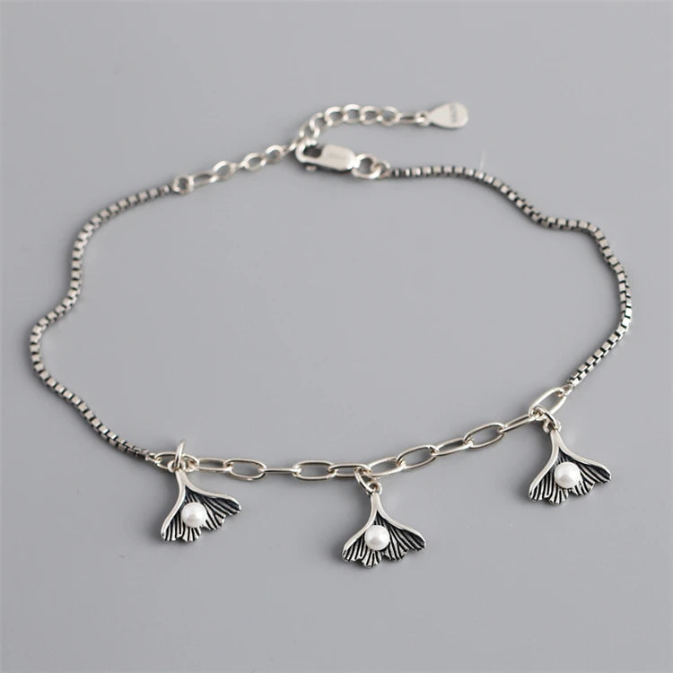 Vintage Style Pearl Scallop Charm 925 Sterling Silver Paperclip Chain Link Box Chain Bracelet for Women