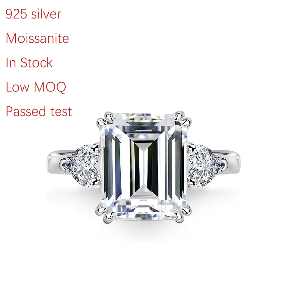 Fine Jewelry Emerald VVS Moissanite Diamond Ring White Gold Solitaire Ring S925 Sterling Silver Jewelry Wedding Women Rings