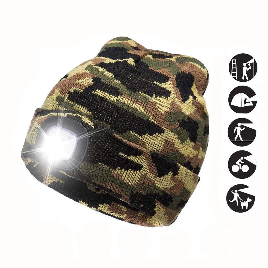 Custom 100% Acrylic Winter Camo Beanie Hats LED Head Light Lamp Knit Cap Fishing Camping Hunting Running Cycling