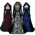 Retro Dress Mid-century Hooded Printed Dress Vintage Art-house Long Sleeve Lace-up Waist Cosplay Dress