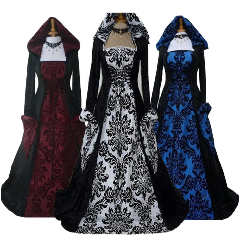 Retro Dress Mid-century Hooded Printed Dress Vintage Art-house Long Sleeve Lace-up Waist Cosplay Dress