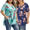 Womens Plaid Shirts Ethnic Print Henley V Neck Button up Peplum Top Big Size Loose Flowy Tunic Ruffle Blouse