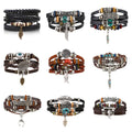 Trendy Blue Eyes Design Leaf Feather Pendant Artificial Leather Bracelet Beaded Bracelet Set Wholesale
