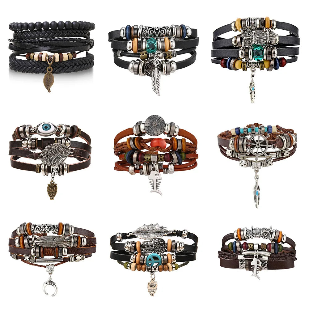 Trendy Blue Eyes Design Leaf Feather Pendant Artificial Leather Bracelet Beaded Bracelet Set Wholesale