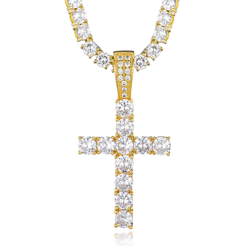 Iced Micro Cross Pendant Necklace for Man Women IP Gold Plating Zircon Prong Brass Religion Pendant Hip-hop Jewelry