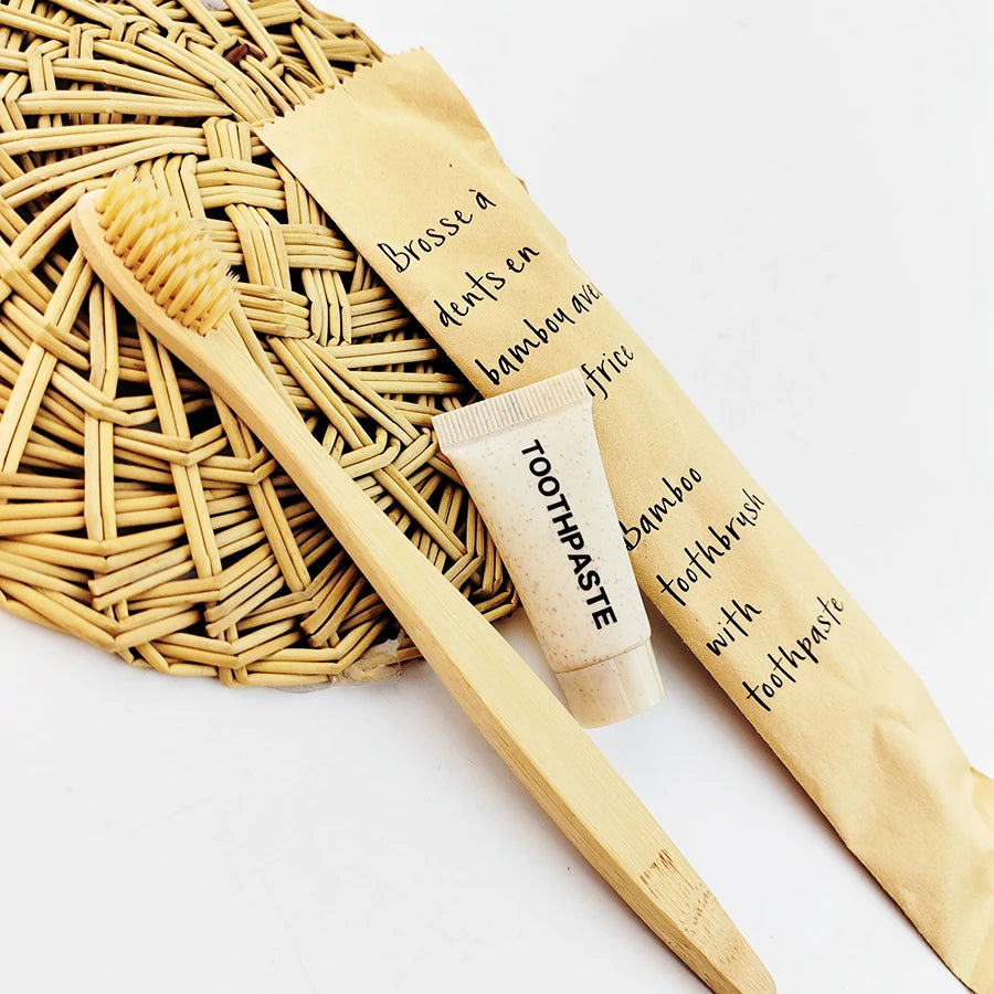 Reusable Biodegradable Hotel Bamboo Toothbrush With 5g Toothpaste in Wheat Straw Tube