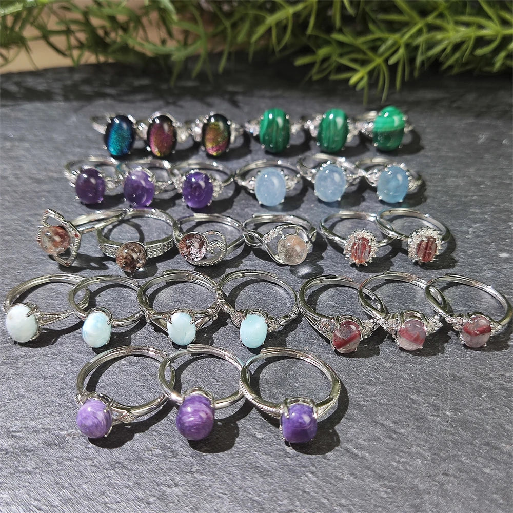 Factory Supplier Oval Cabochon Purple Quartz Natural Gemstone Healing Crystal Fashion Jewelry Silver Plated Charoite Ring Gifts