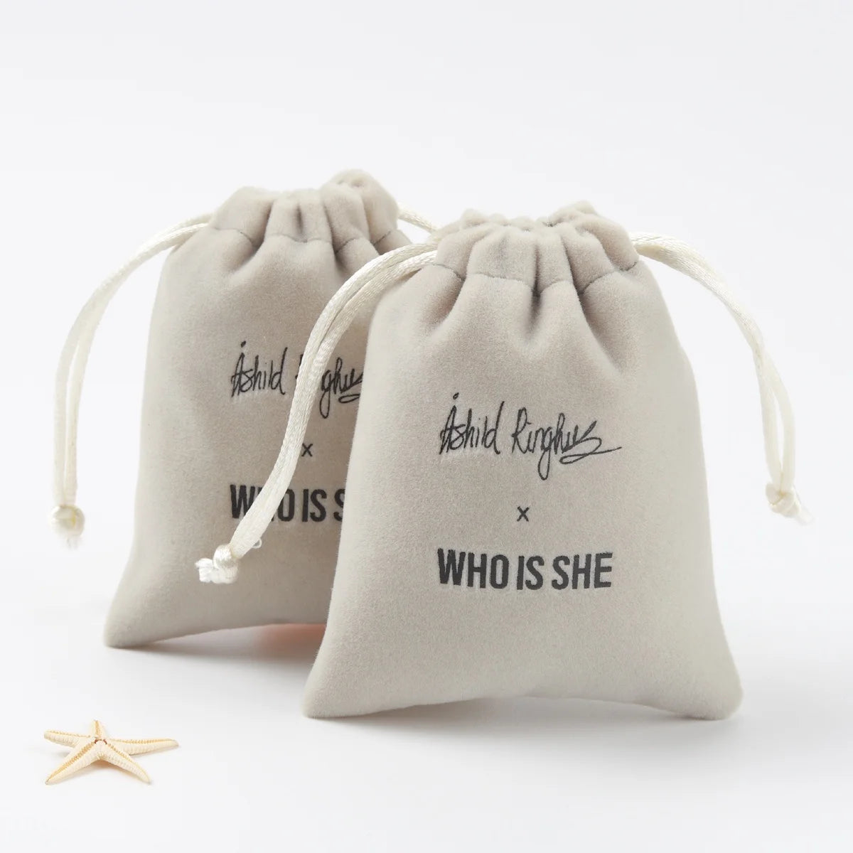Recyclable Screen Printing Velvet Jewelry Drawstring Bag Beige Velvet Gift Pouch