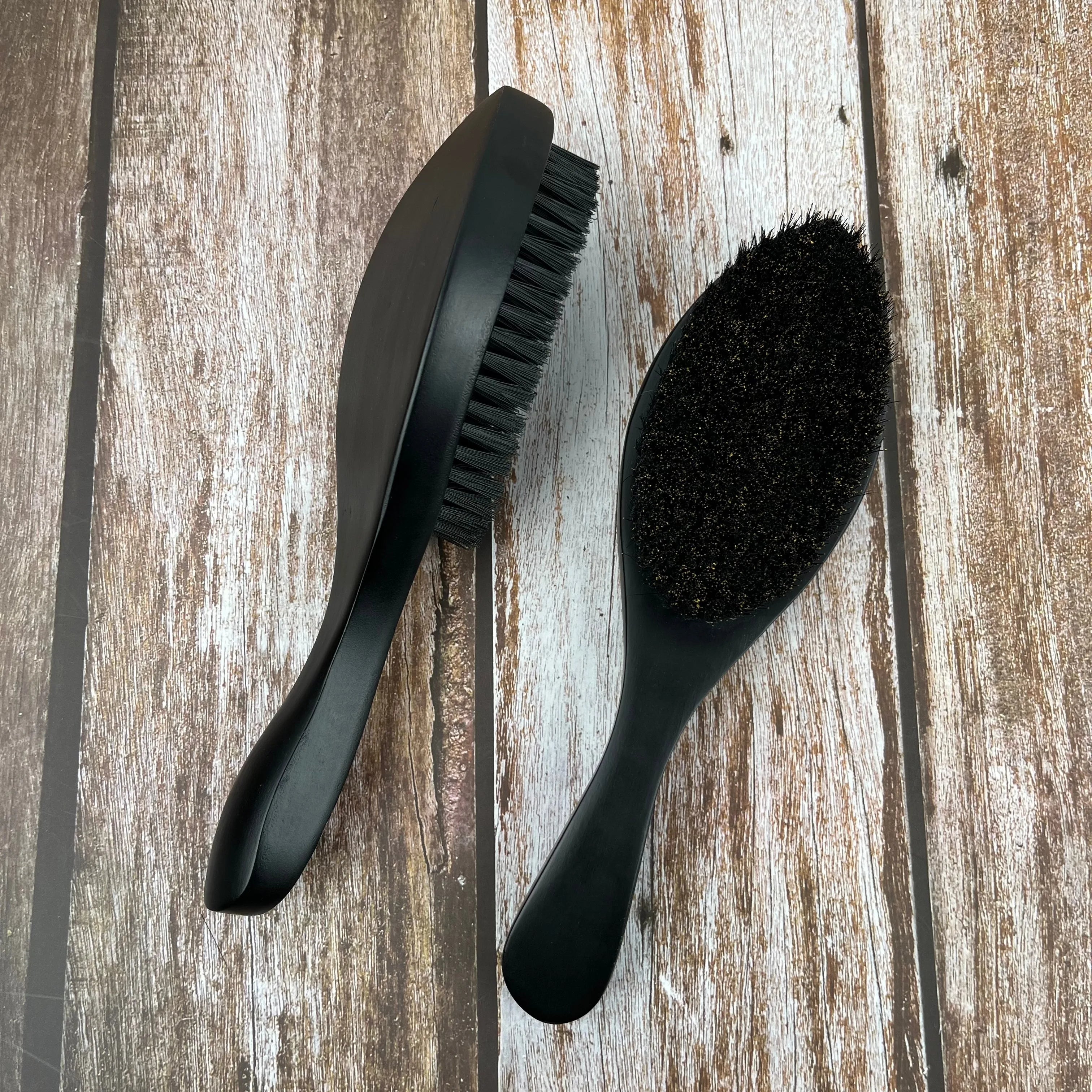 Hot Selling Wooden Long Handle Men's Beard Brush Black Curved 360 Wave Anti Static Hair Styling Brush for Barber Hairdressing