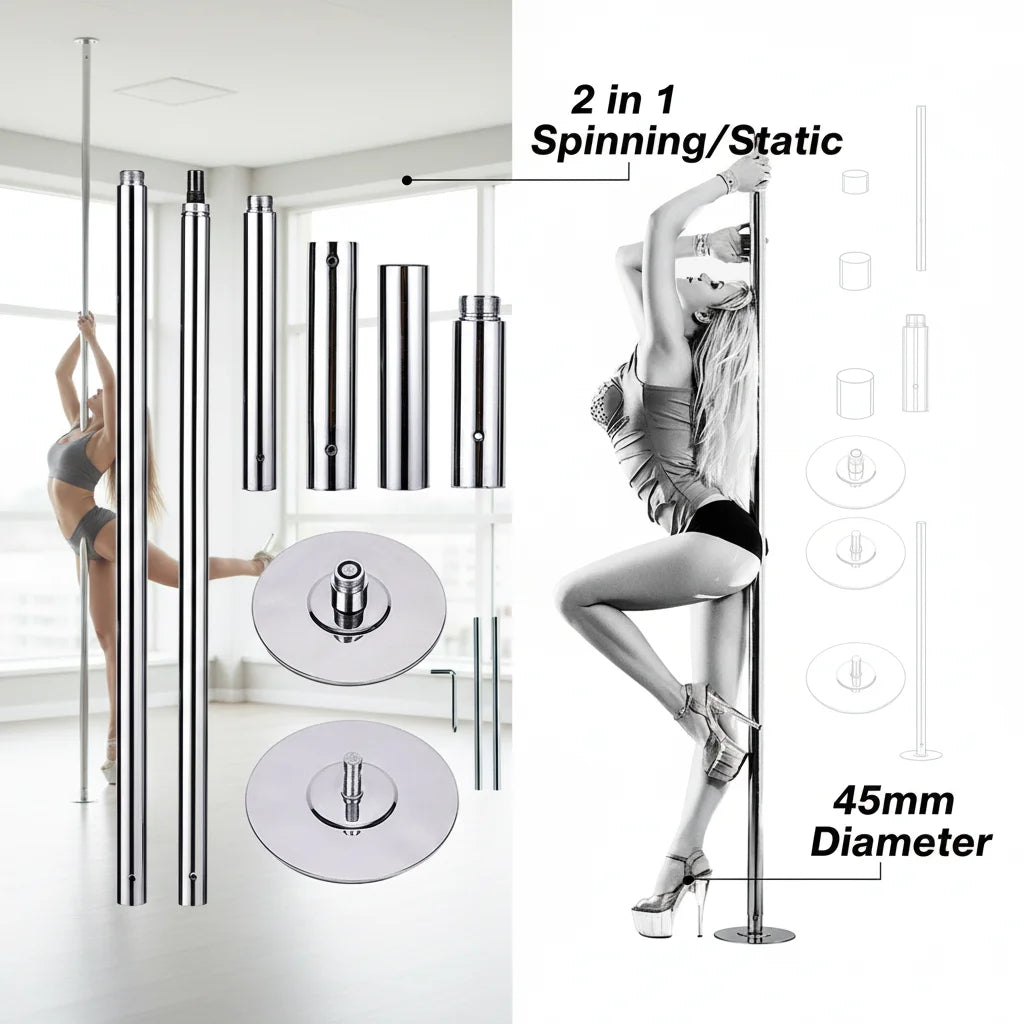 45mm 2 in 1 Spinning Static Dance Pole Adjustable Height for Home Fitness Beginners