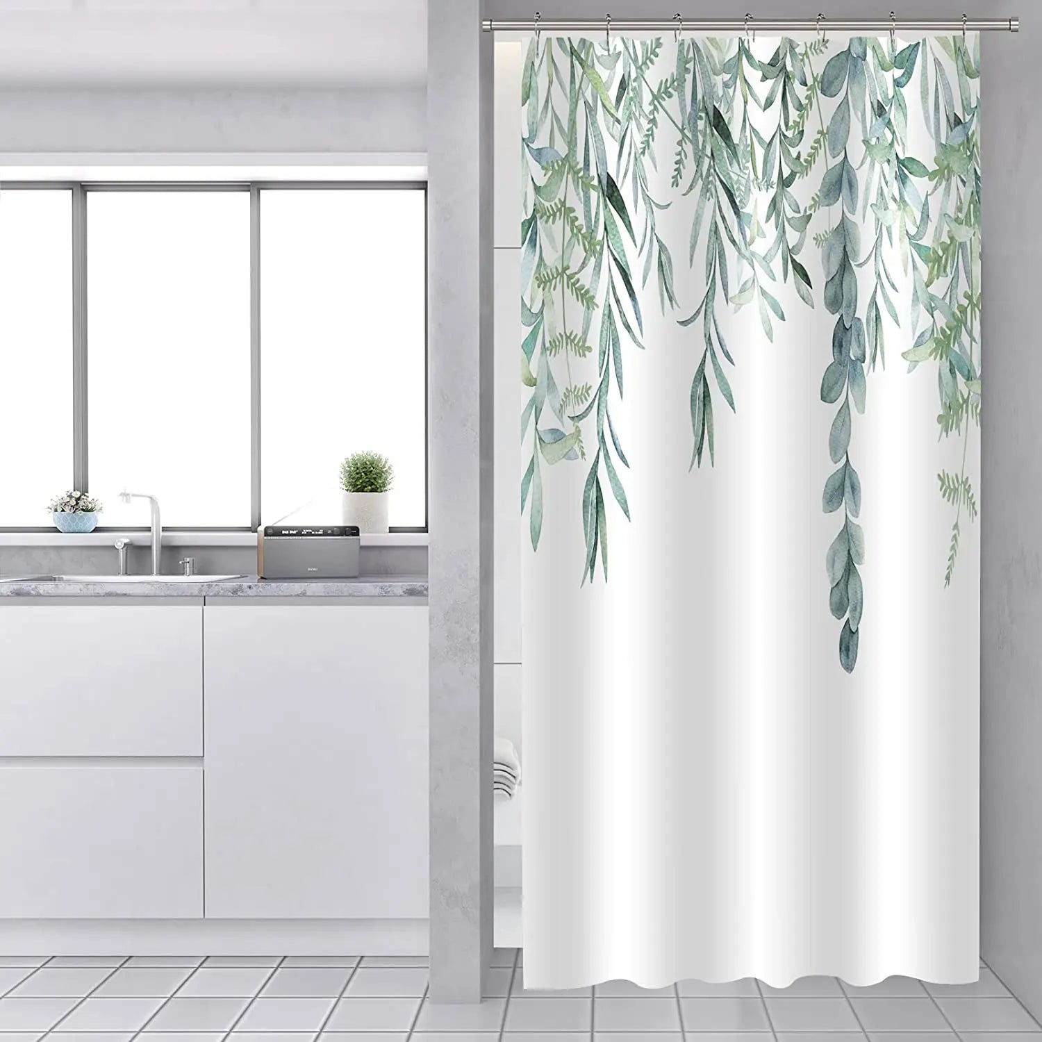 3D Printing Washable Waterproof Cloth Plant Leaf Fabric Green Shower Rod Curtain with 12 Hooks