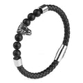 Matte Black Agate Beads Genuine Leather Stainless Steel Tiger Head Bangle Men Bracelet