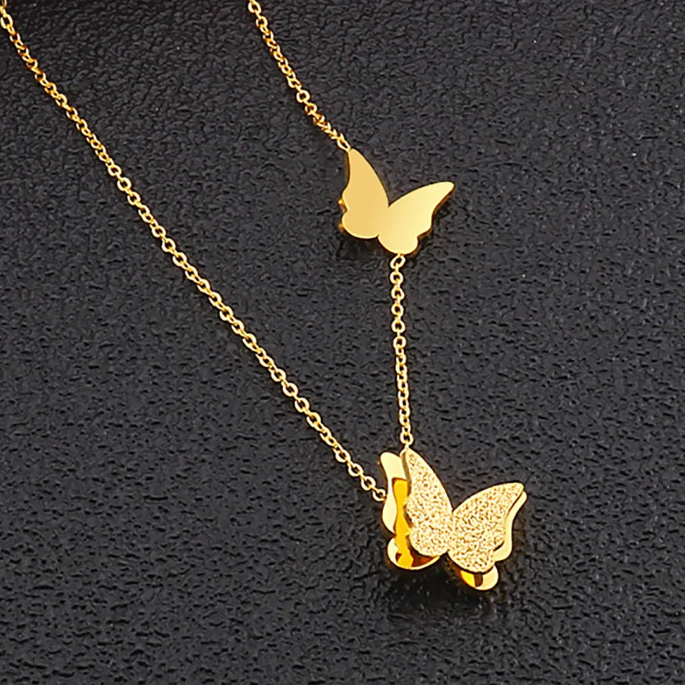 Trendy Women Fashion Accessories Gold Plated Matte Stainless Steel butterfly Necklace