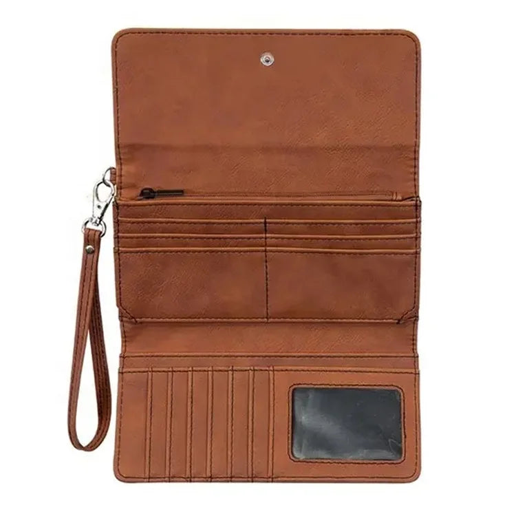 Personalized Laserable Leatherette Woman Wallet Full Color Engraved PU Leather Hand Made Wallet with Wrist Strap