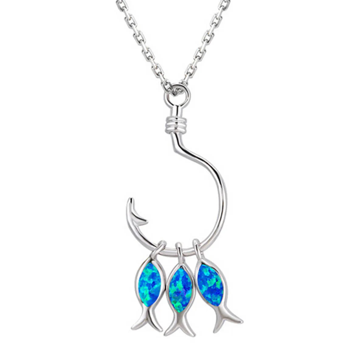 Beautiful Blue Fire Opal Fish Hook Pendant Necklace 925 Silver Fashion Opal Jewelry