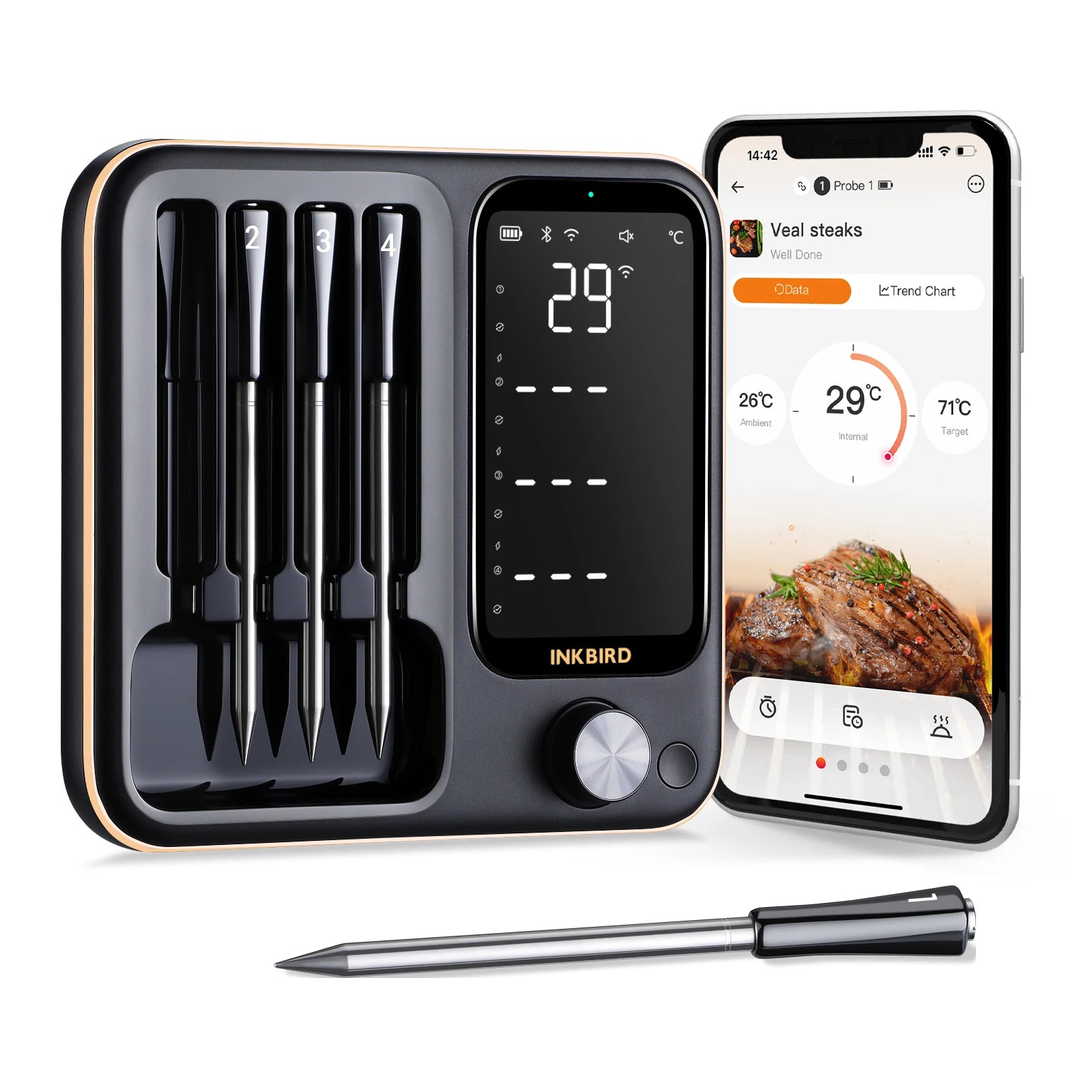 INKBIRD INT-14-BW Three-Mode Wireless Meat Thermometer for Grilling and Smoking