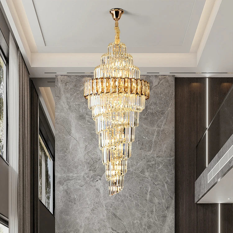 Luxury K9 Crystal Chandelier Long Staircase Light Large House Living Room Hotel Lobby Decoration Adjustable Height LED Light