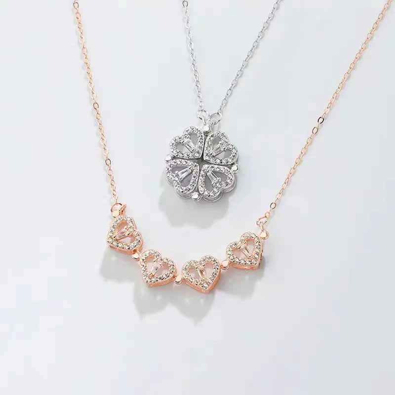 Rainbowking 925 love Folded Two Wears Four Leaf Clover Sterling Silver Chain Plant Full of Diamonds Chain Fine Jewelry Necklace