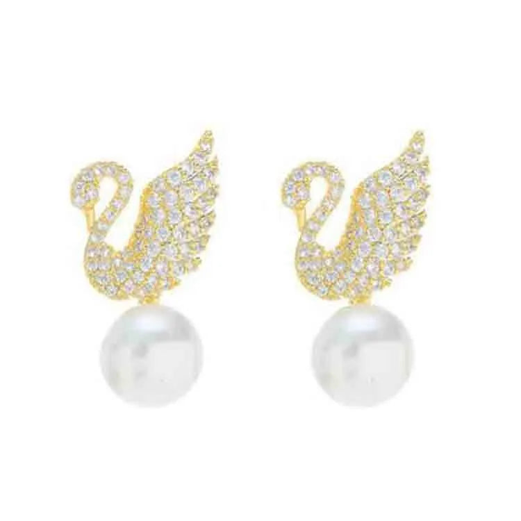 AA00013 Fashion Rhinestone Swan Pearl Earrings Studs Wedding Women Lady Girls Korean Cute Engagement Jewelry Gift