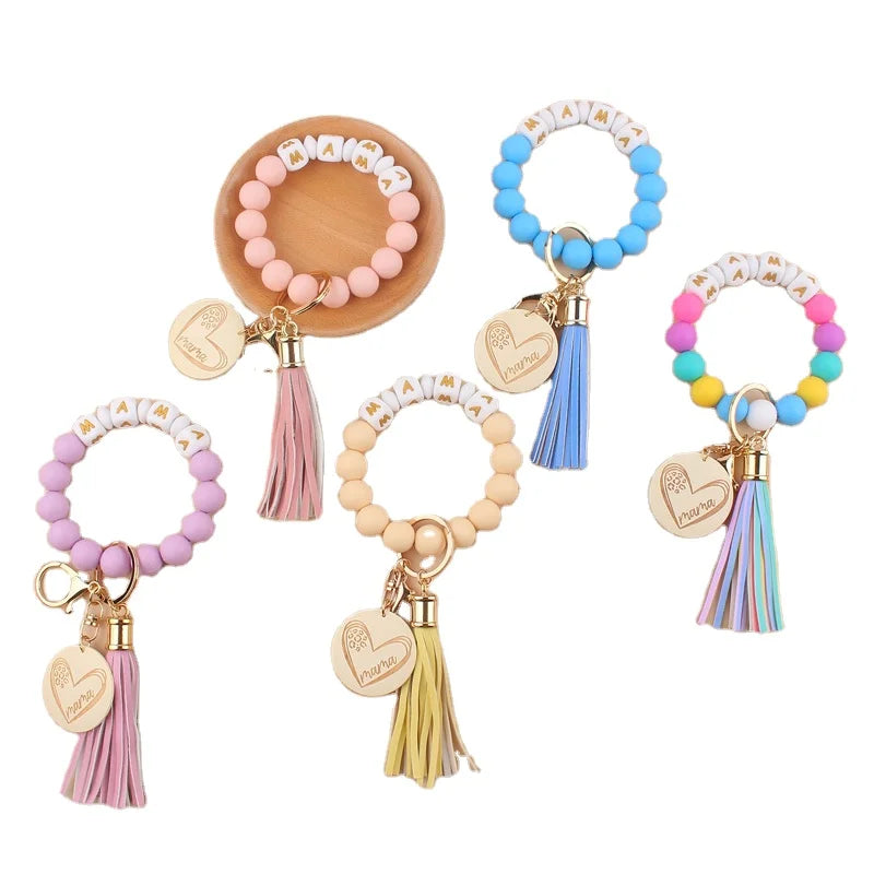 MAMA Beaded Silicone Bracelet Keychain Wristlet with Leather Tassel Classic Style UV Printed Mom Charm Mother's Day Gift