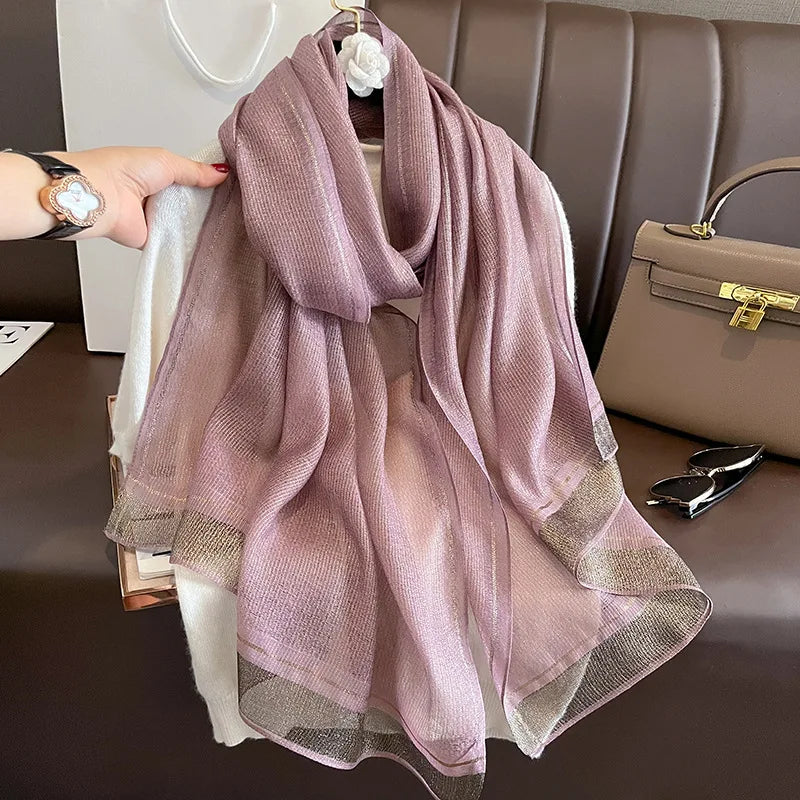 Wholesale Luxury Scarves Ladies Imitated Silk Organza Shawls  80*190cm Long Large Plain Color Gold Thread Shiny Glitter Scarfs