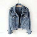 Popular High Quality Casual Luxury Women's Pearl Short Denim Tops Coat Blue Long Sleeve Denim Jackets Polyester Breathable