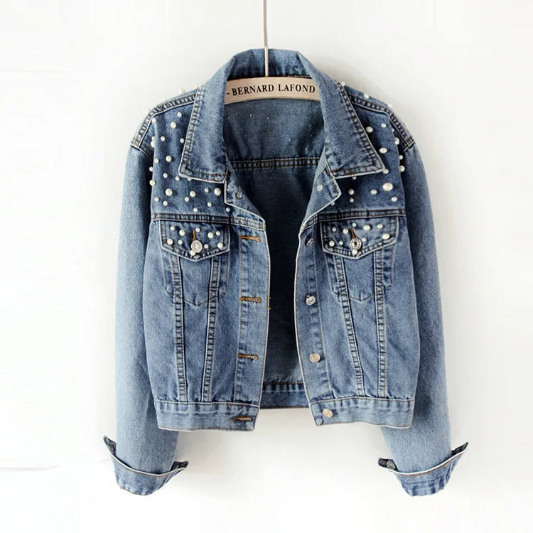 Popular High Quality Casual Luxury Women's Pearl Short Denim Tops Coat Blue Long Sleeve Denim Jackets Polyester Breathable